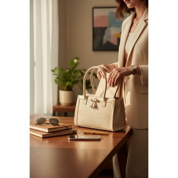 Liz Claiborne Ivory Faux Leather Croc Embossed Handbag With Tassel Accent - Picture 10 of 16